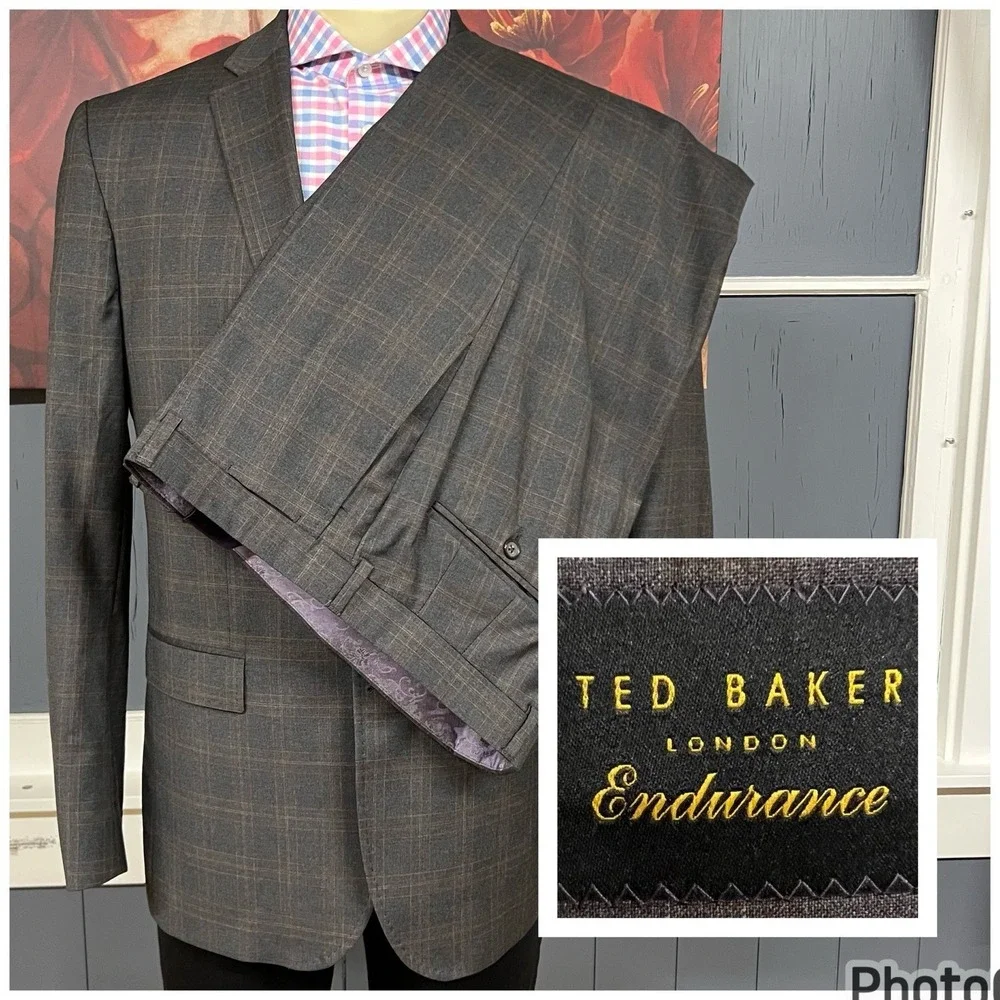 Ted Baker Suit 2Pc Set Mens 44L Long Wool Pants 37x31‎ Taper Gray/Brown Plaid